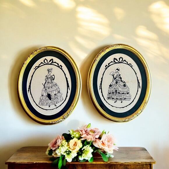 Needlepoint Silhouettes-Pair-Victorian Women's Fashion-Gilded Oval Framed-VTG